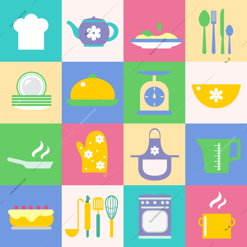 Cuisine and kitchen chef hat tea pot meal dish icons set vector illustration