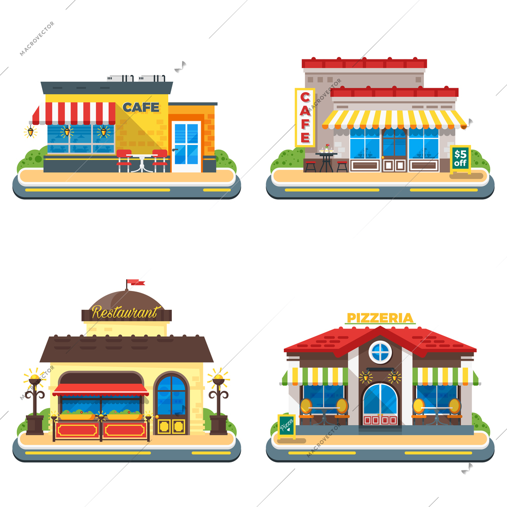 Colorful cafe restaurant and pizzeria buildings on white background 2x2 flat icons set isolated vector illustration