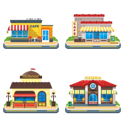 Colorful cafe restaurant and pizzeria buildings on white background 2x2 flat icons set isolated vector illustration
