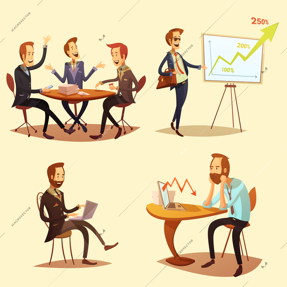 Businessmen cartoon icons set with profit symbols on yellow background isolated vector illustration