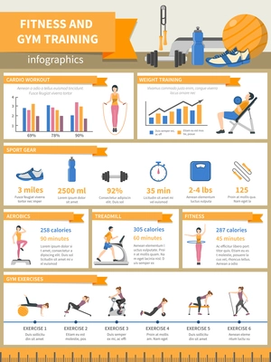 Fitness and gym training infographics presenting sport gear and describing exercises with pictures diagrams time and burnt calories flat vector illustration