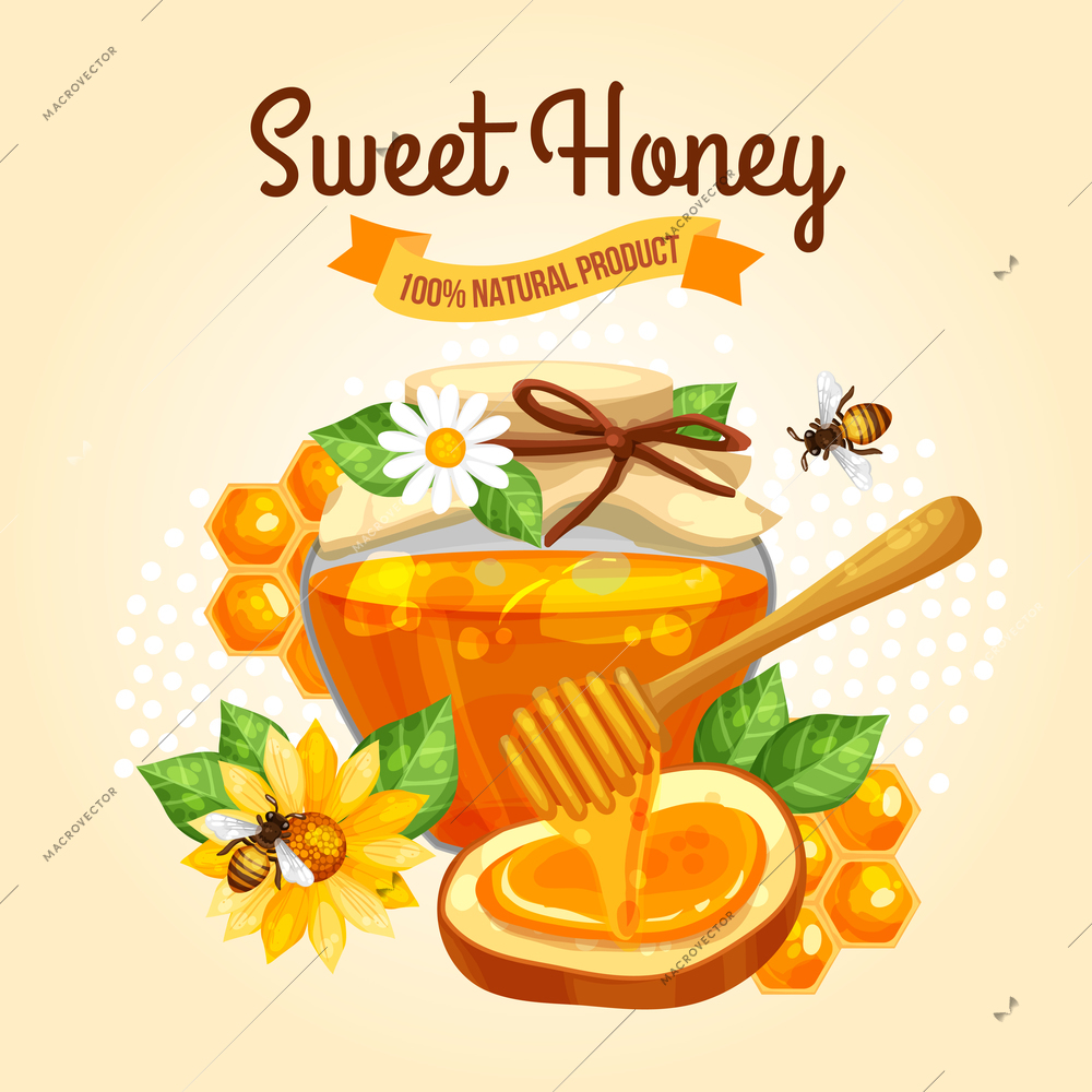 Sweet Honey poster with bees jar and yellow flowers on beige background vector illustration