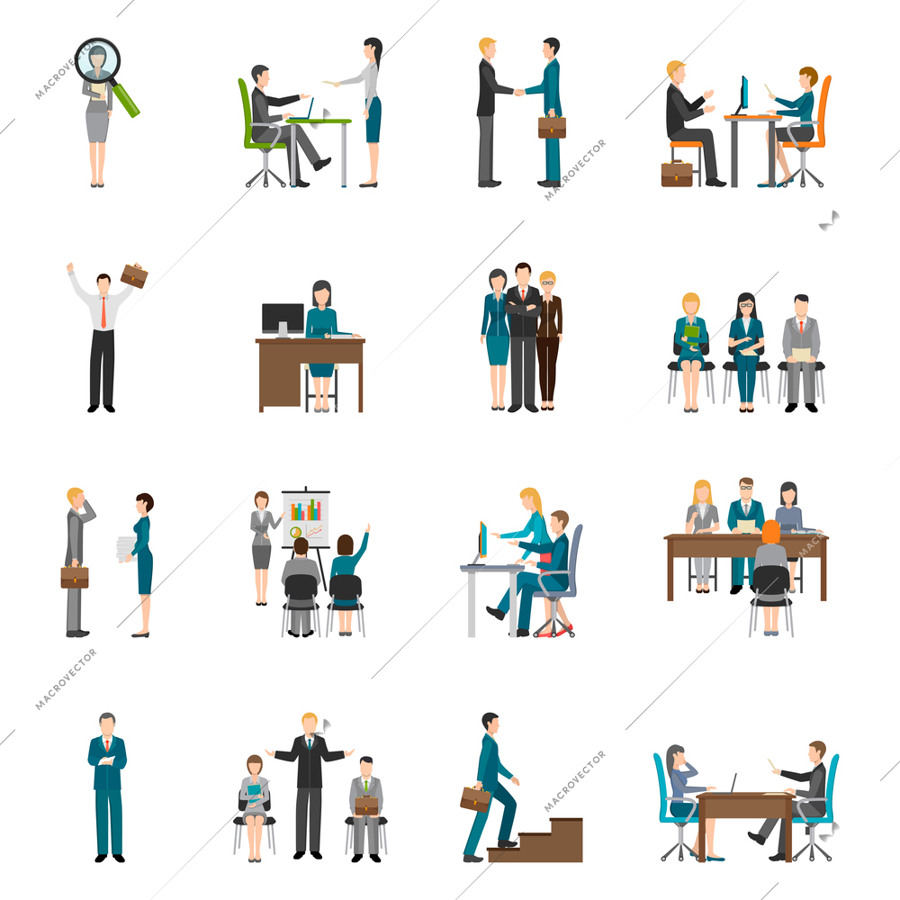 Recruitment HR people interviewing applicants flat icons set on white background isolated vector illustration