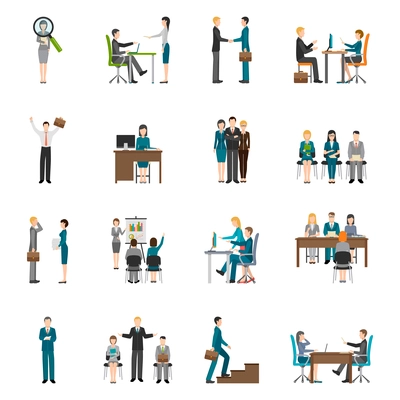 Recruitment HR people interviewing applicants flat icons set on white background isolated vector illustration