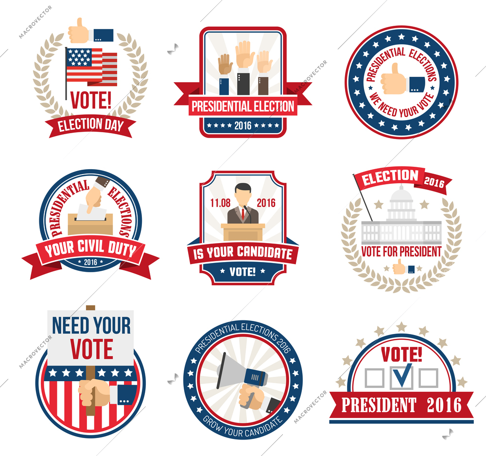 Color labels and emblems for agitating people vote in presidential election in 2016 isolated vector illustration