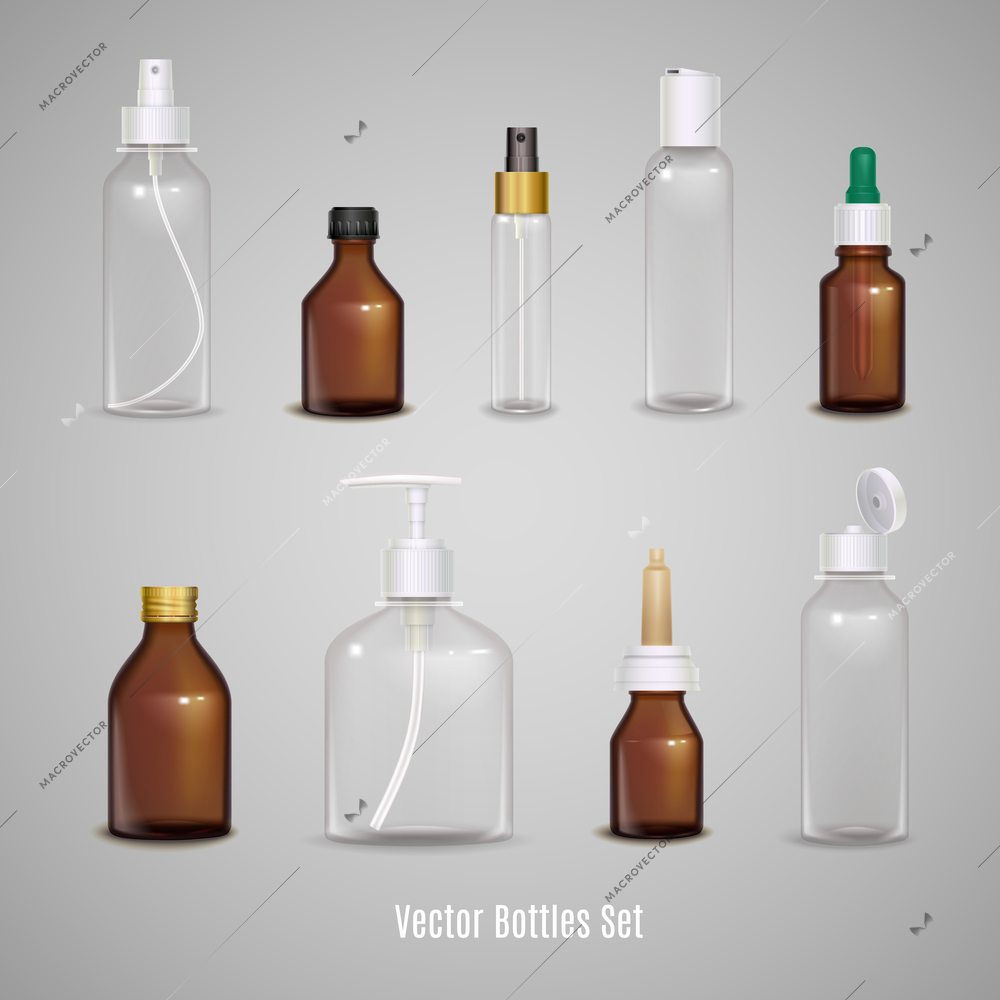 Images set of different transparent empty bottles using to package medicine or perfume realistic isolated vector illustration