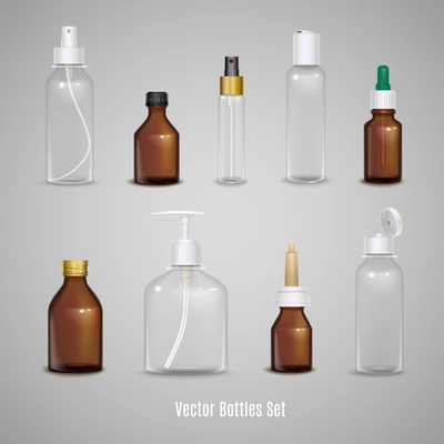 Images set of different transparent empty bottles using to package medicine or perfume realistic isolated vector illustration