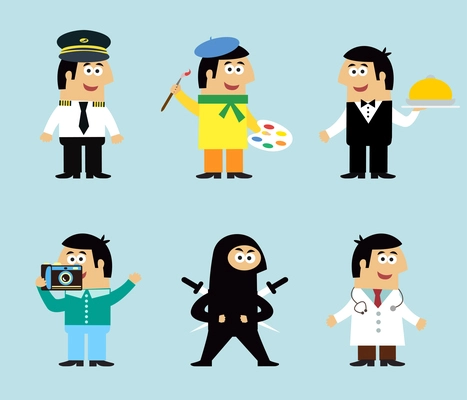 Professions icons set of pilot artist waiter photographer ninja doctor vector illustration