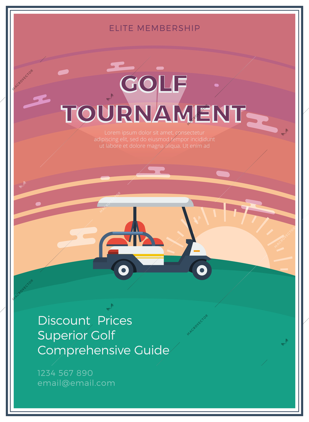 Elite membership golf tournament flat icon poster with email address and golf car at sunrise or sunset in the middle vector illustration