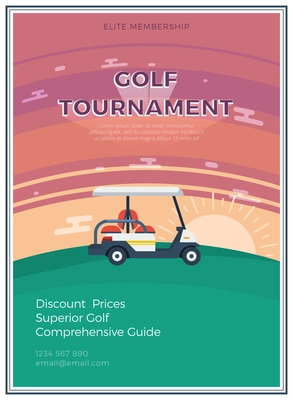 Elite membership golf tournament flat icon poster with email address and golf car at sunrise or sunset in the middle vector illustration