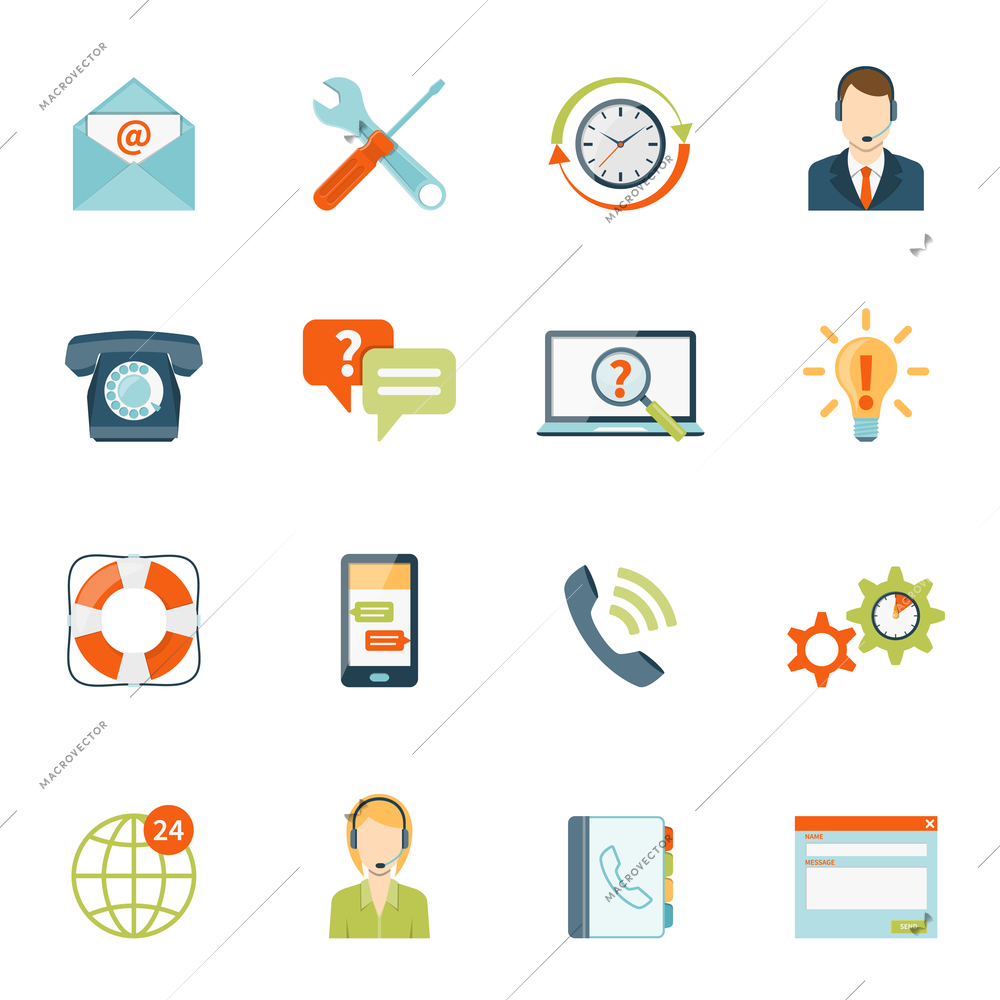 Contact us customer colorful icons set of online and offline support services on white background isolated flat vector illustration