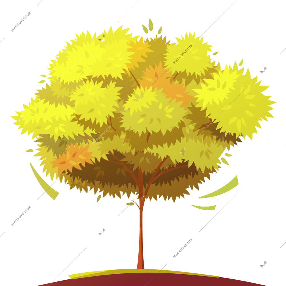 Autumn tree with thin trunk on white background flat cartoon isolated vector illustration