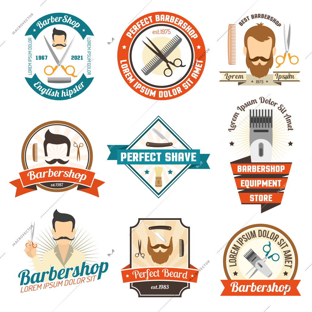 Collection original color sign of barber shop for emblem or logo with white background isolated vector illustration