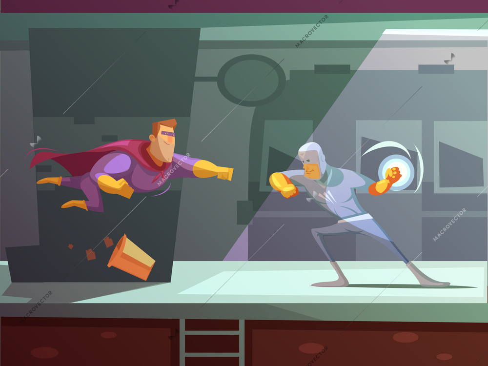 Two superheroes fighting on station retro cartoon flat vector illustration