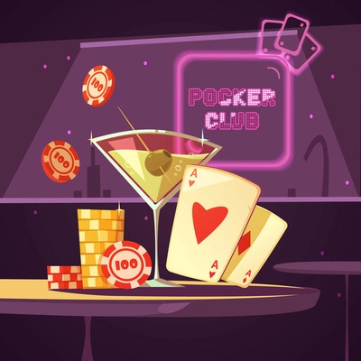 Sparkling casino poker club with cards cocktail and chips on table in bar retro cartoon flat vector illustration