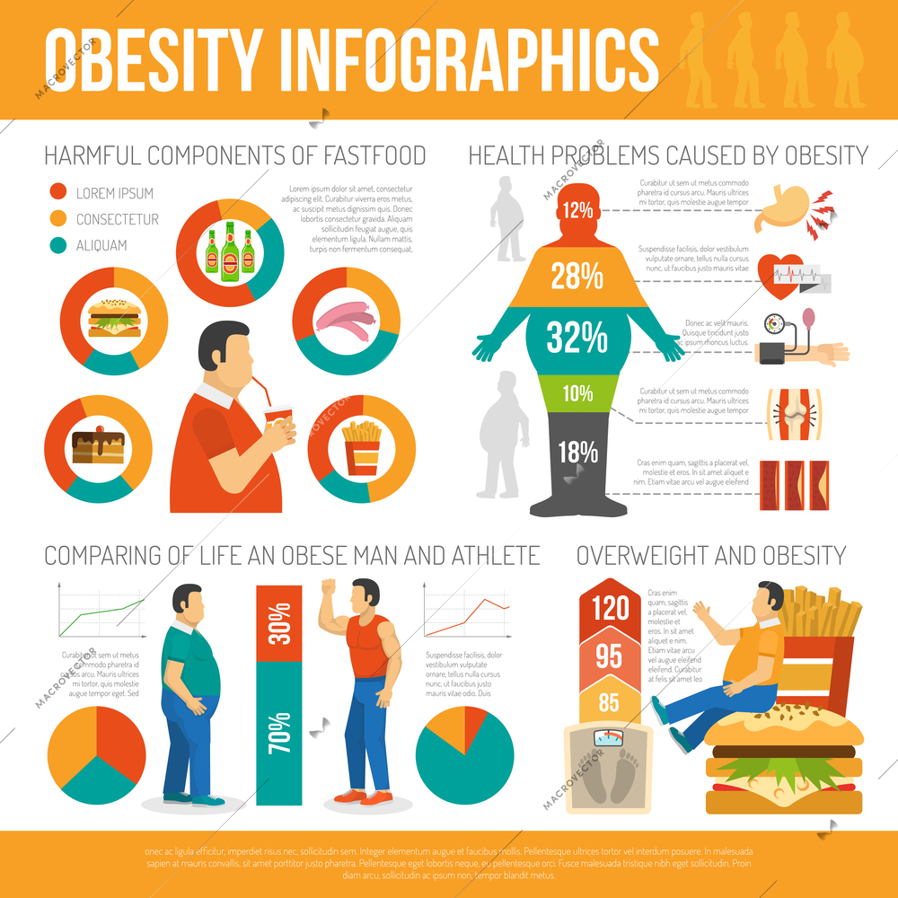 Infographic showing harmful of fastfood and different health problems caused by obesity vector illustration