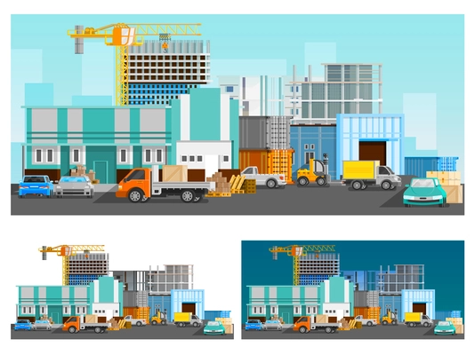 Warehouse building and logistics orthogonal compositions set with cars flat isolated vector illustration