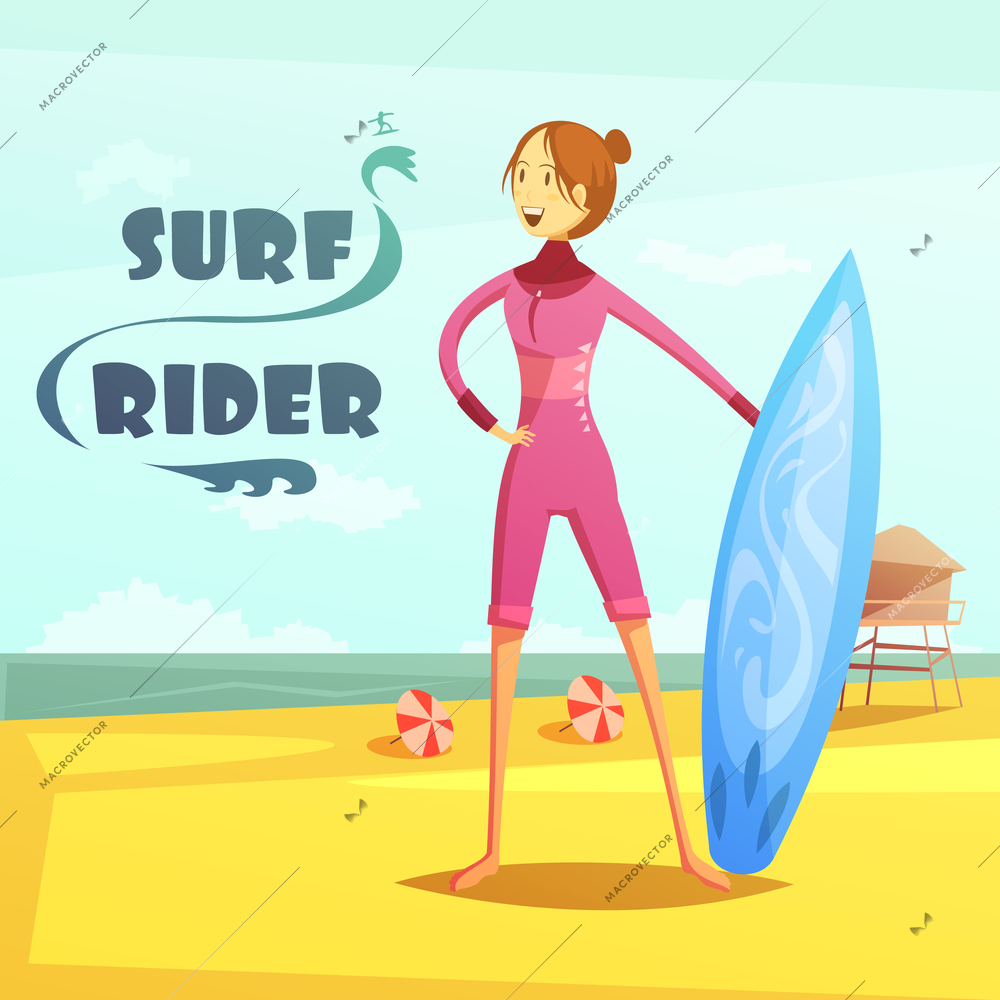 Surfing and surf rider with surfboard on beach retro cartoon flat vector illustration