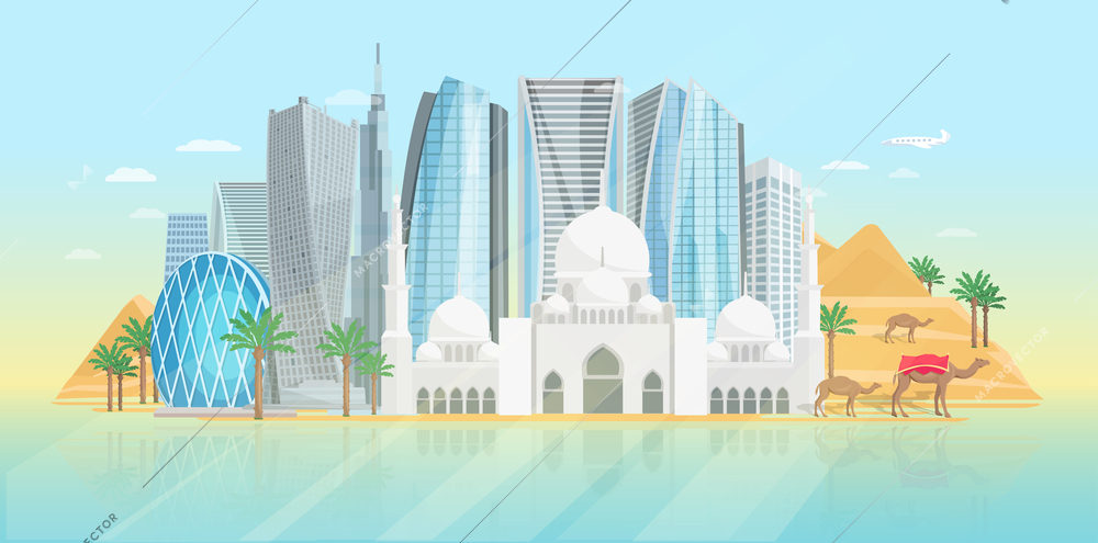 United arab emirates poster with view at mosque and modern buildings on blue background vector illustration