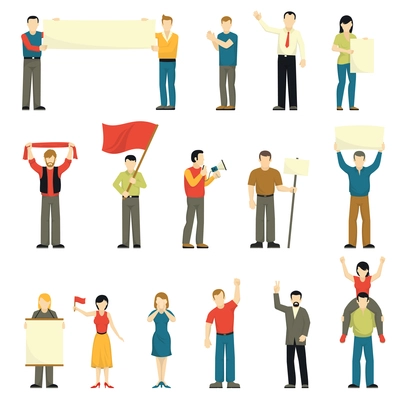 Cheering protesting people decorative icons set with men women flags scarf placards megaphone isolated vector illustration