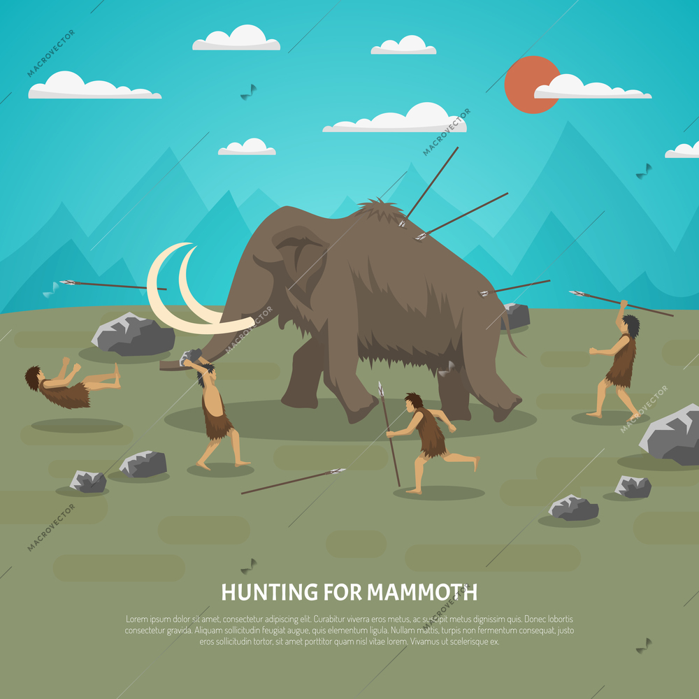 Color illustration showing hunting for mammoth caveman in prehistoric stone age with title vector illustration