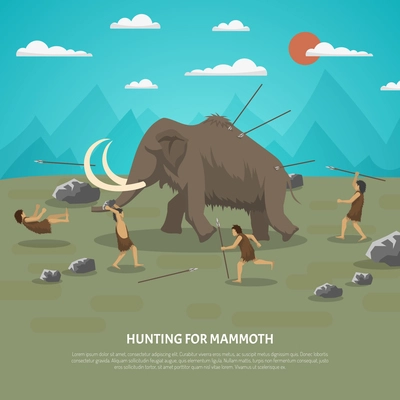 Color illustration showing hunting for mammoth caveman in prehistoric stone age with title vector illustration