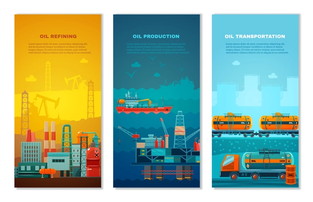 Petroleum industry vertical banners set with manufacture extracting platform truck and cisterns at railway isolated vector illustration