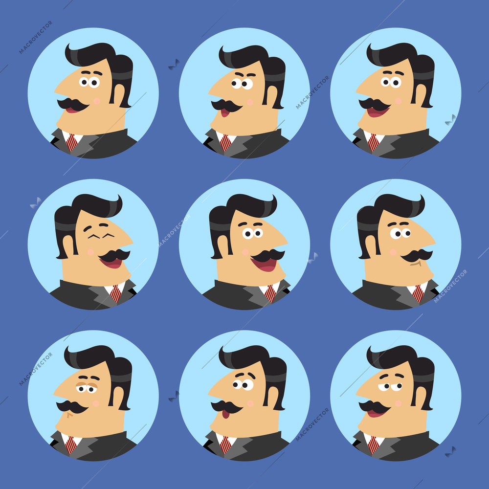 Business life shareholder in suit emotional expressions icons set isolated scene concept vector illustration