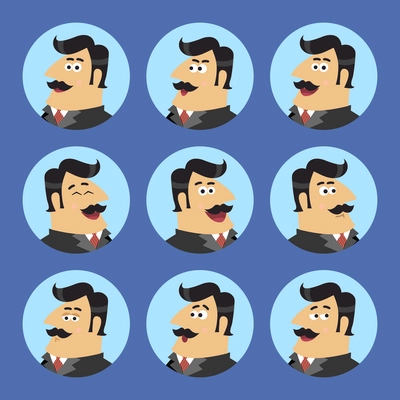 Business life shareholder in suit emotional expressions icons set isolated scene concept vector illustration