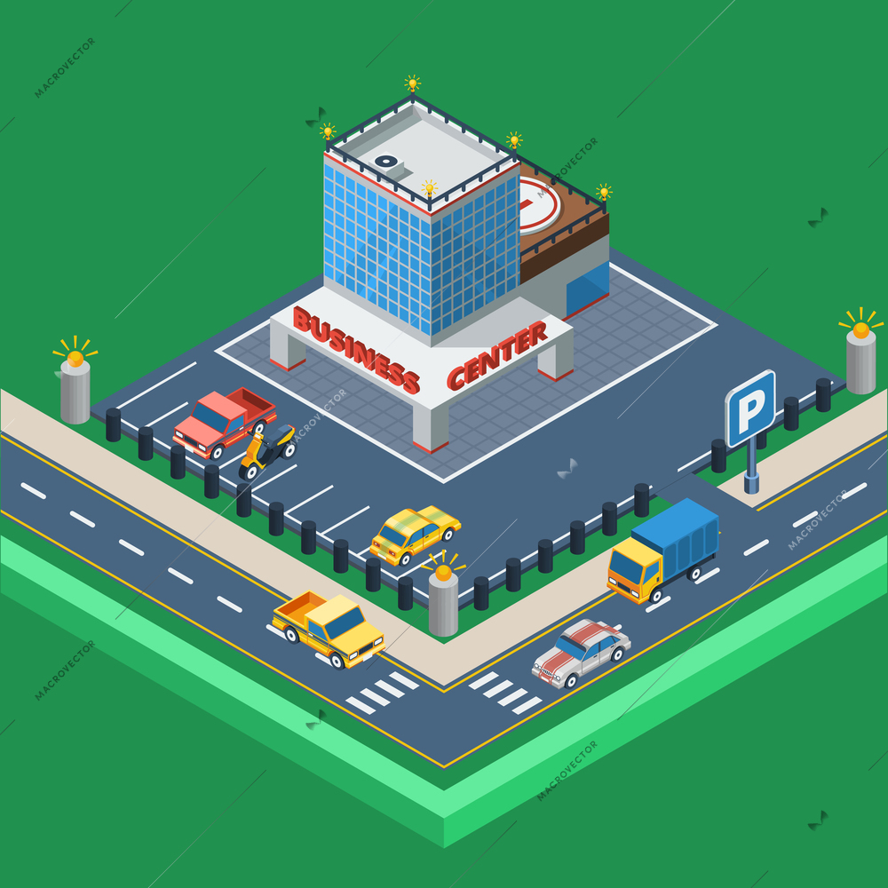 Business Center Concept.Business Center Building. Car Parking Design. Business Center Isometric Illustration. Business Center Vector.