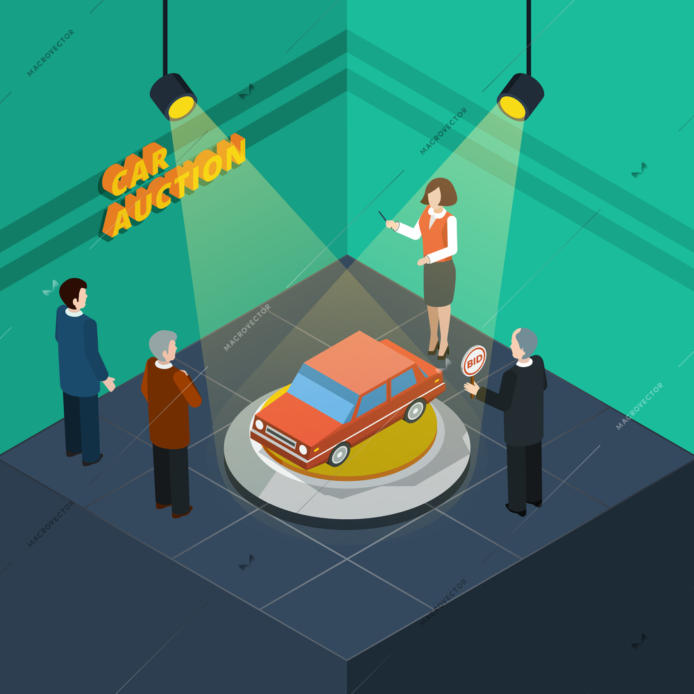 Isometric car auction process abstract with bidding people looking at the car presented vector illustration