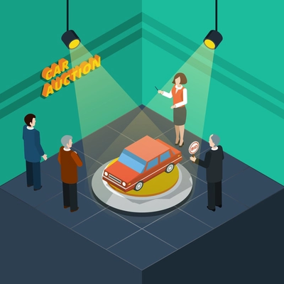 Isometric car auction process abstract with bidding people looking at the car presented vector illustration