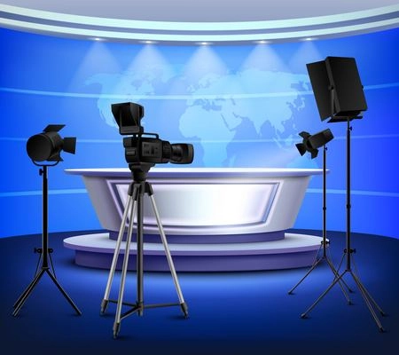 Realistic blue news studio interior with table on pedestal world map on wall floodlight camera vector illustration