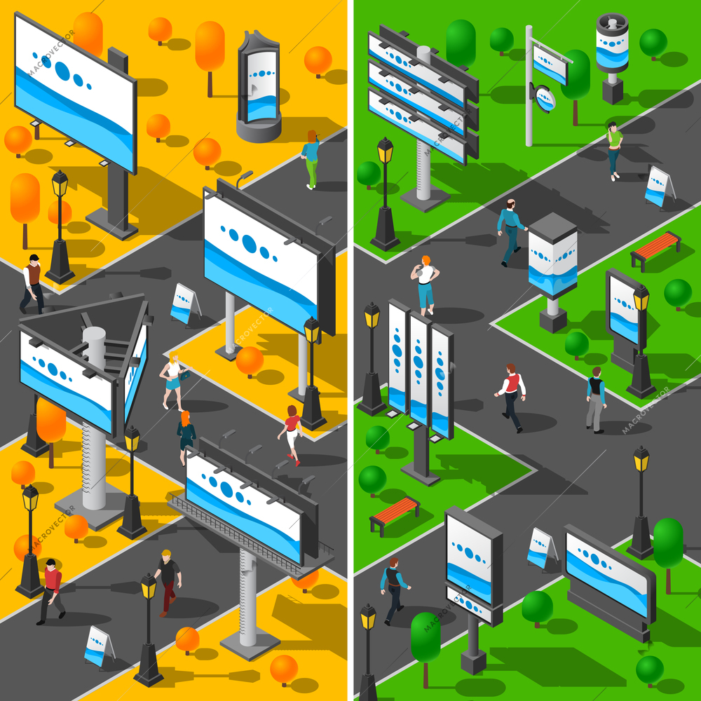 Street Advertising Icons Set. Signboard Isometric Vector Illustration. Advertising Billboards Vertical Banners. Street Billboards Design Set. City Signboards Collection.