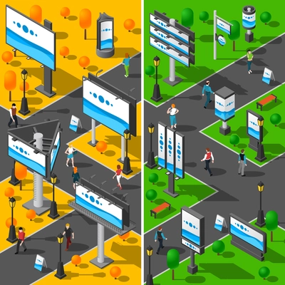 Street Advertising Icons Set. Signboard Isometric Vector Illustration. Advertising Billboards Vertical Banners. Street Billboards Design Set. City Signboards Collection.