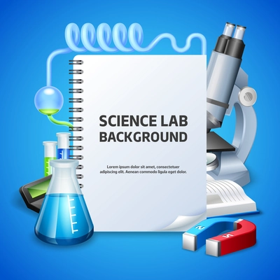 Science lab poster with notepad and laboratory equipment on blue background realistic vector illustration