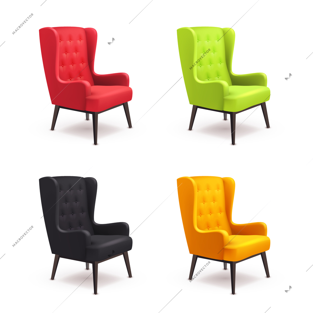 Chair realistic icon set four identical chairs with different colors are soft colorful with wooden legs vector illustration