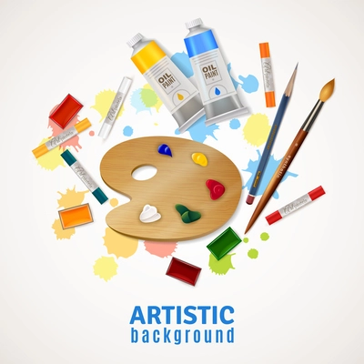 Artistic design concept with palette tubes of oil paints paintbrushes pencil highlighters at white background flat vector illustration