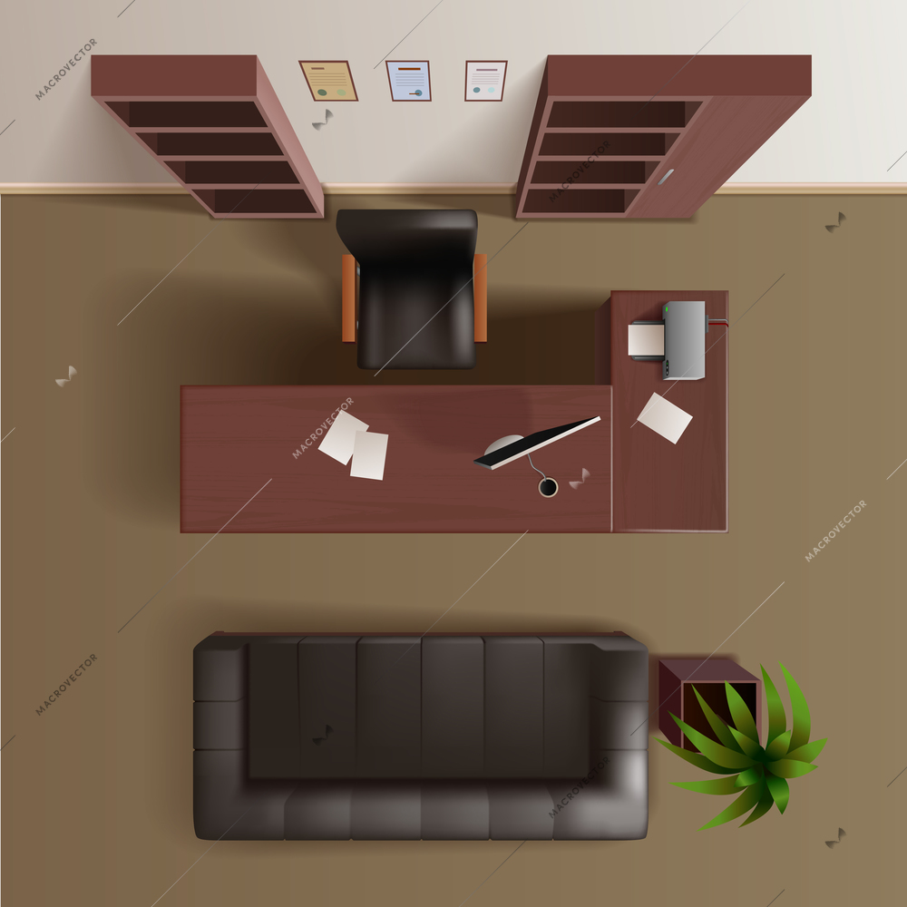 Office work room with wooden bookshelves desk computer plant and leather sofa top view realistic vector illustration