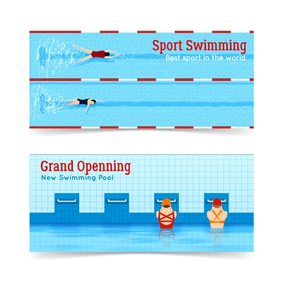 Two horizontal banners set of best sport swimming and grand openning of new swimming pool isolated flat vector illustration