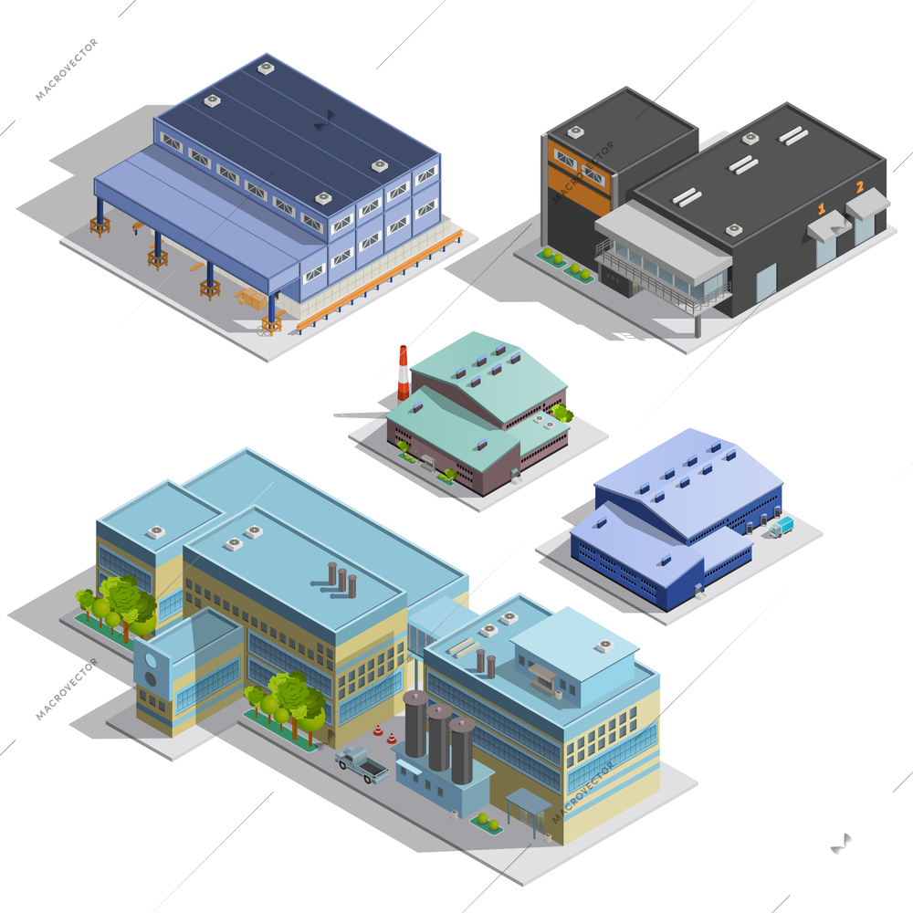 Isometric images set of different types of warehouse factory manufacture office buildings isolated vector illustration