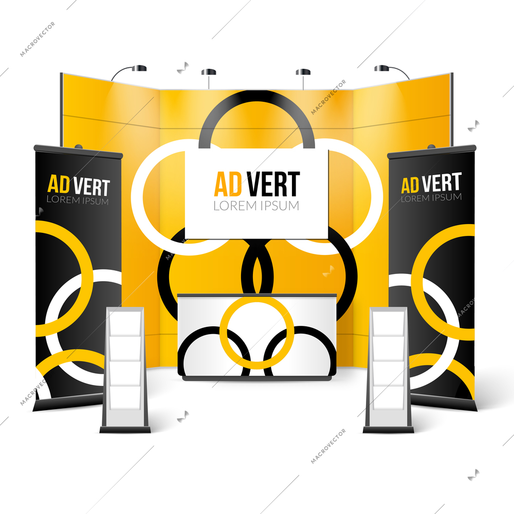 Exhibition Stand Black Yellow Design. Exhibition Stand Color Template. Exhibition Stand Realistic Vector Illustration. Exhibition Stand Elements.