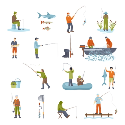 Colorful different ways fishing people fish accessory and tools for fishing isolated icons set on white background vector illustration