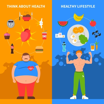 Diet vertical flat banners with fat man young athlete healthy lifestyle icons and junk food set vector illustration