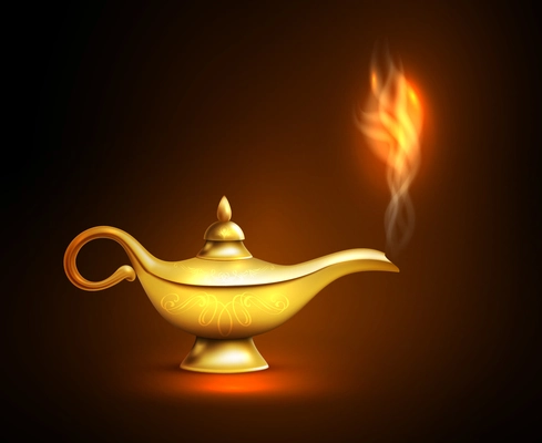 Realistic aladdin lamp smoke icon yellow iron placed on the surface and casts a shadow vector illustration