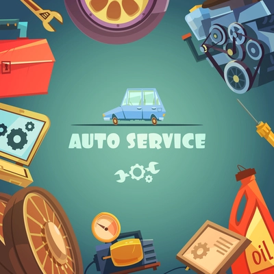Auto service cartoon background with maintenance and repair symbols vector illustration