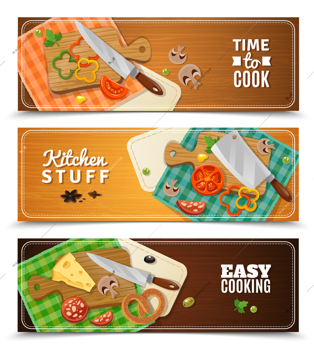 Cooking horizontal banners with kitchen knife and food on wooden chopping boards and checkered cloth napkins flat vector illustration