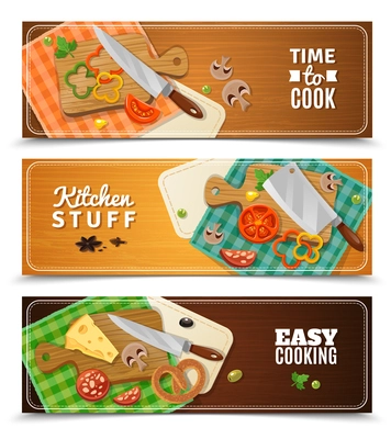 Cooking horizontal banners with kitchen knife and food on wooden chopping boards and checkered cloth napkins flat vector illustration