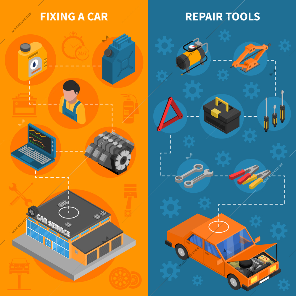 Car service isometric vertical banner set with  fixing car process and repair tools kit vector illustration