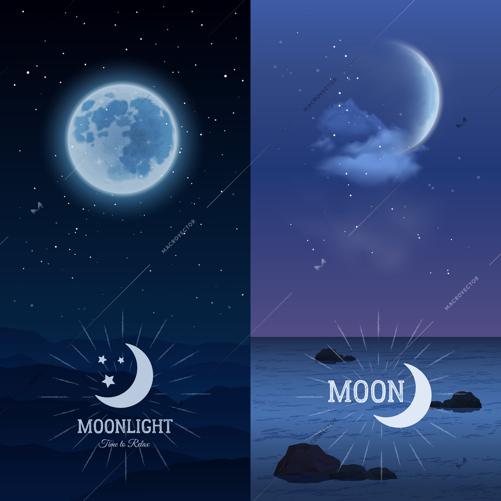 Moonlight vertical banner set with moon on dark sky background isolated vector illustration